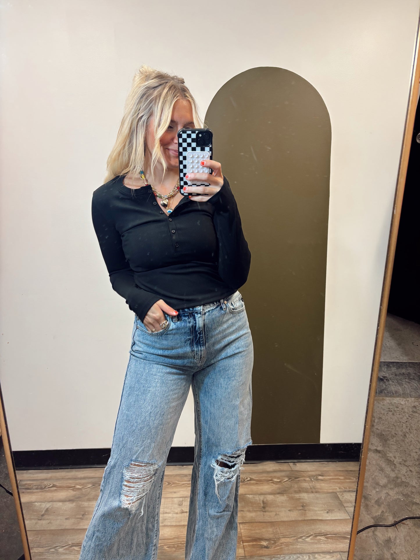 Ribbed Henley Top (Black)