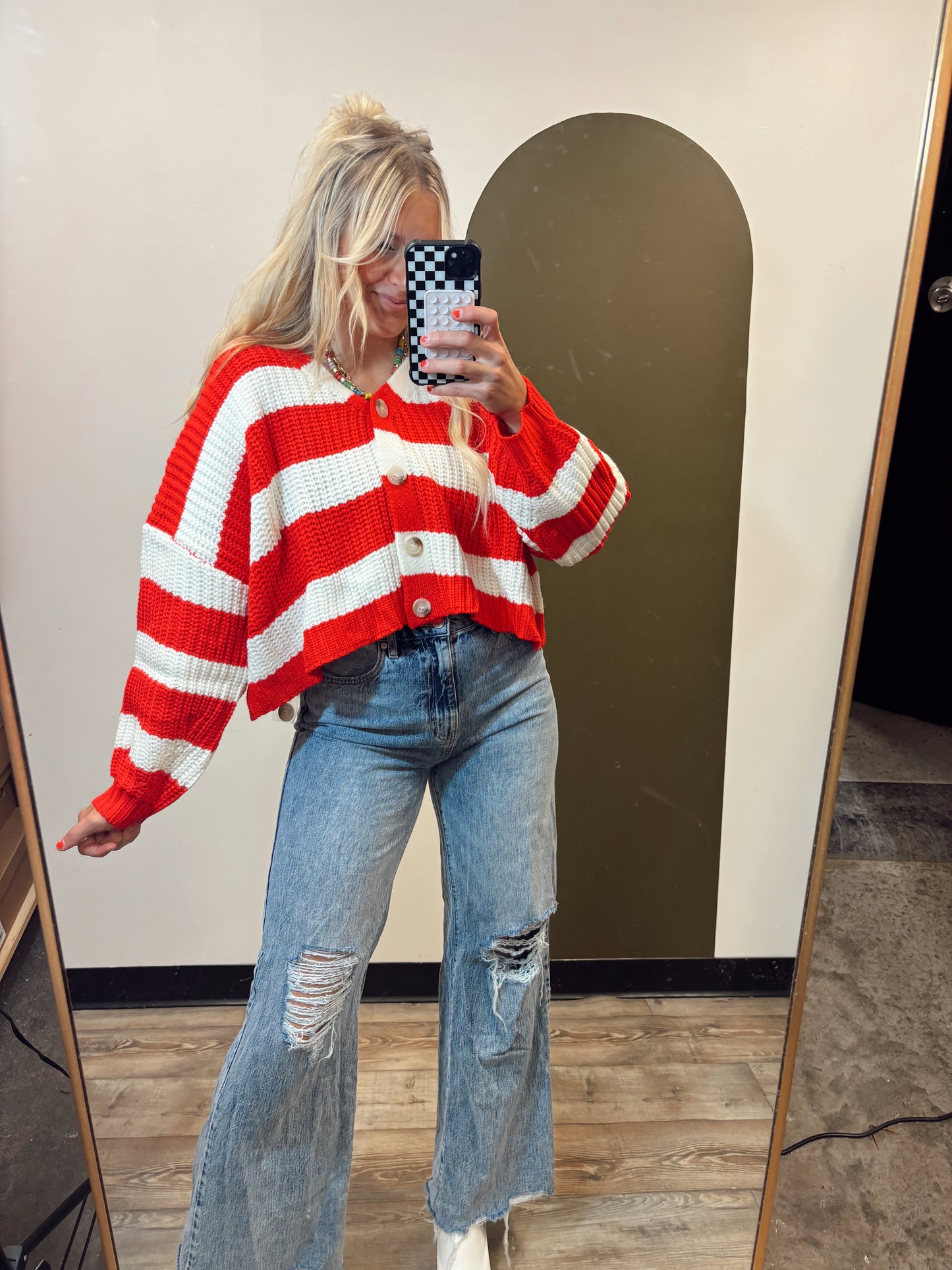 Crowd Pleaser Stripe Cardy (Red)