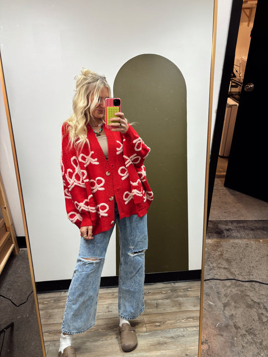 Bow Tied Sweater Cardigan (Red)