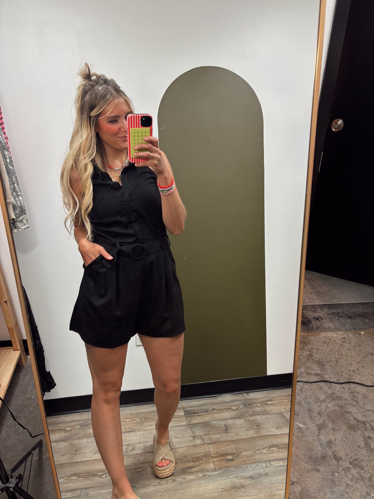 Belted Linen Halter Romper (Black)