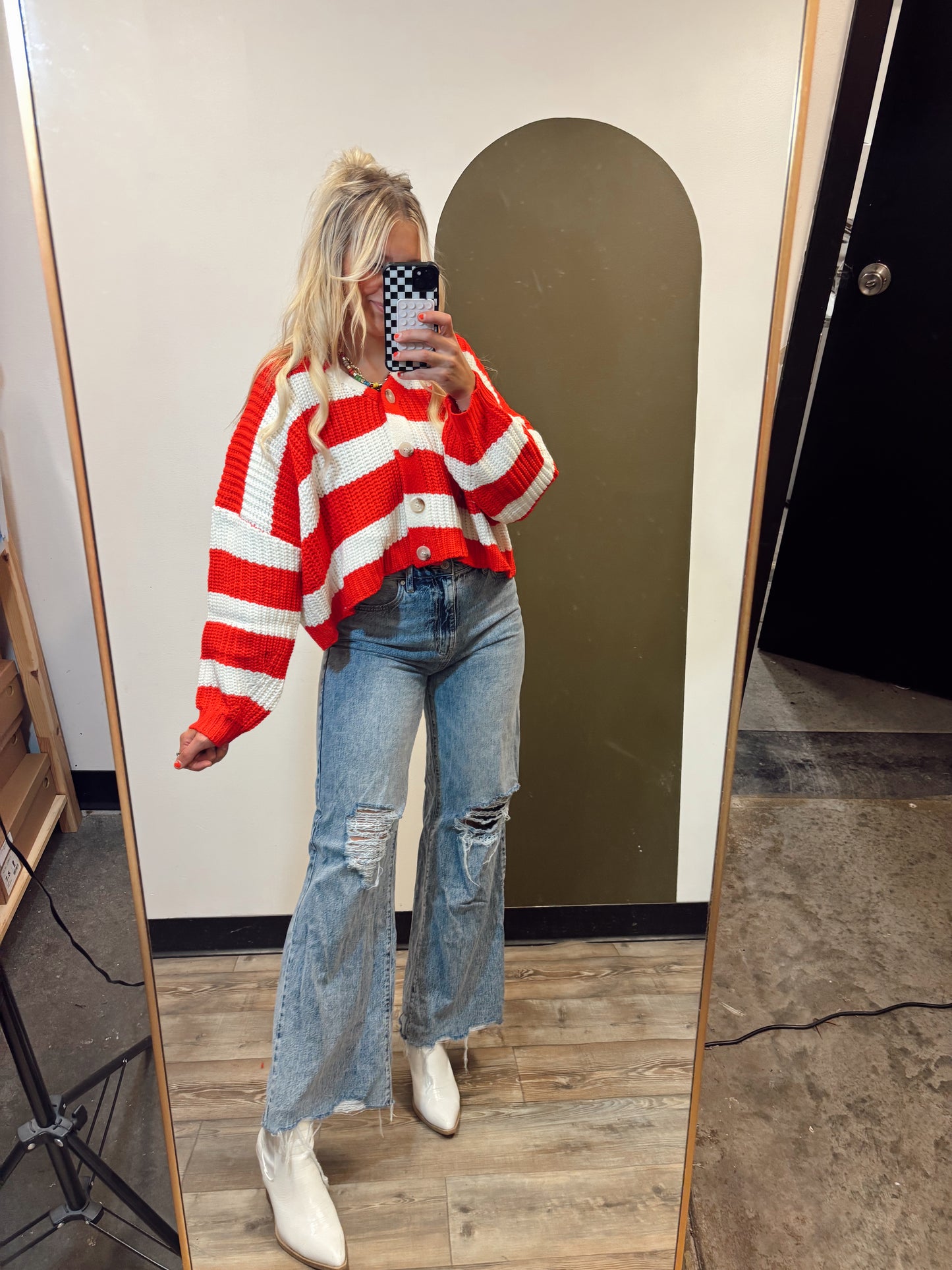 Crowd Pleaser Stripe Cardy (Red)