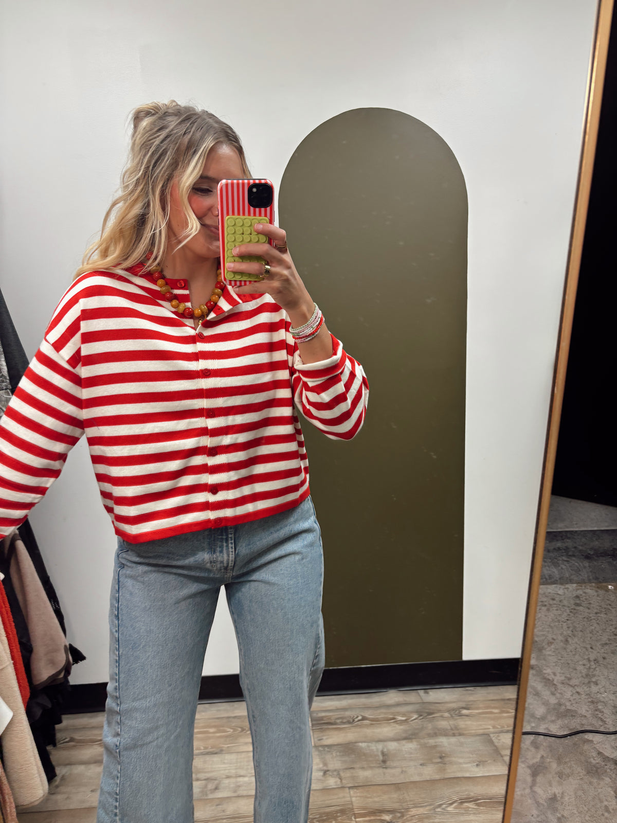 Clare Button Stripe Cardigan (Red)