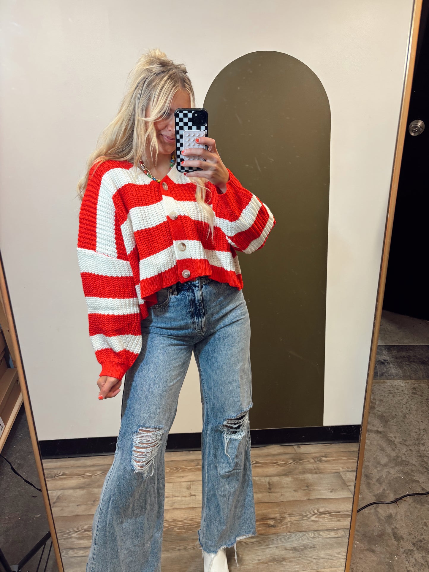 Crowd Pleaser Stripe Cardy (Red)