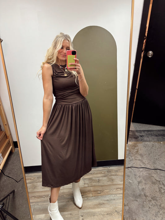 Isabella Shirred Maxi Dress (Brown)