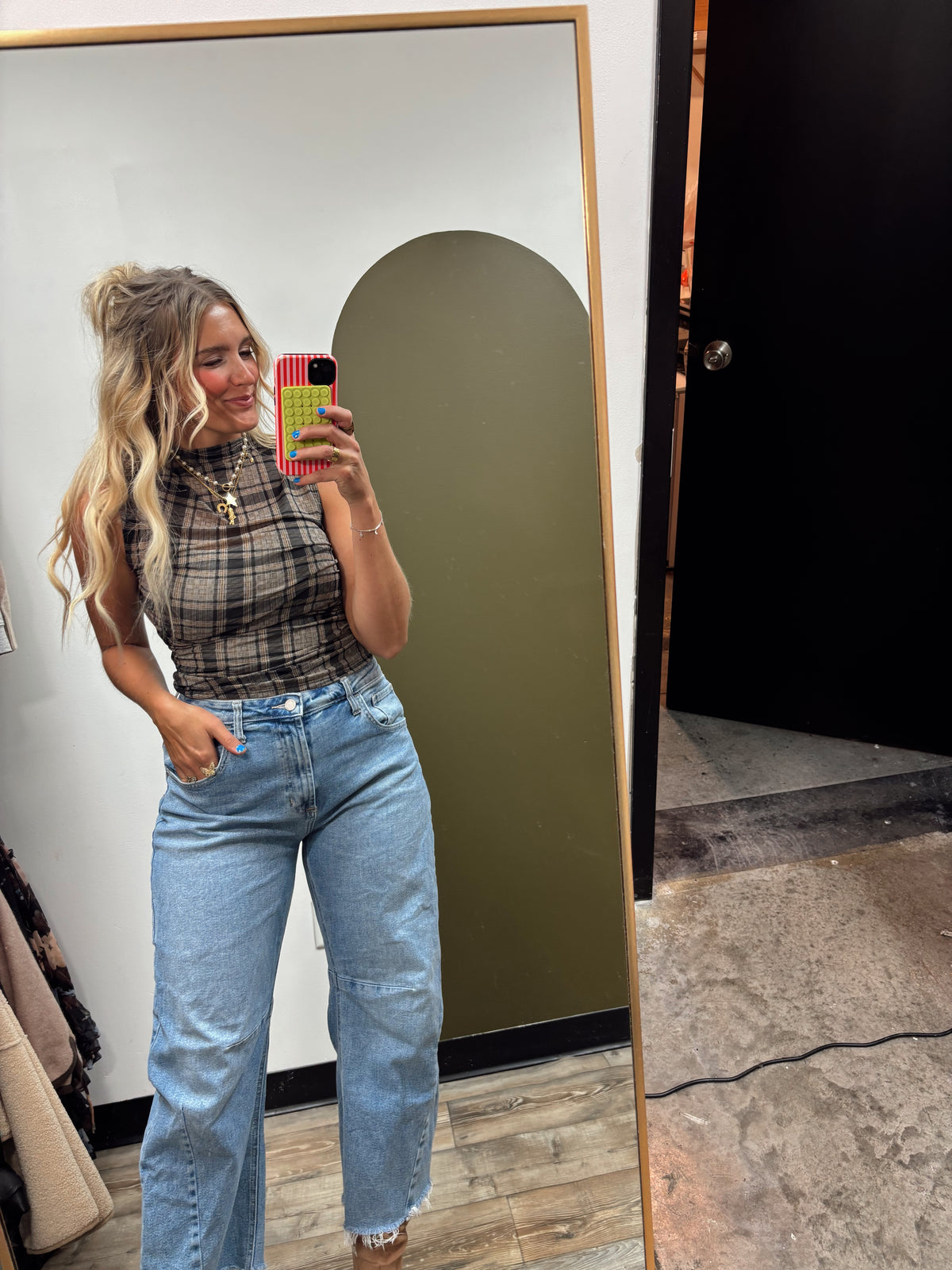 Sheer Slvless Plaid Tank