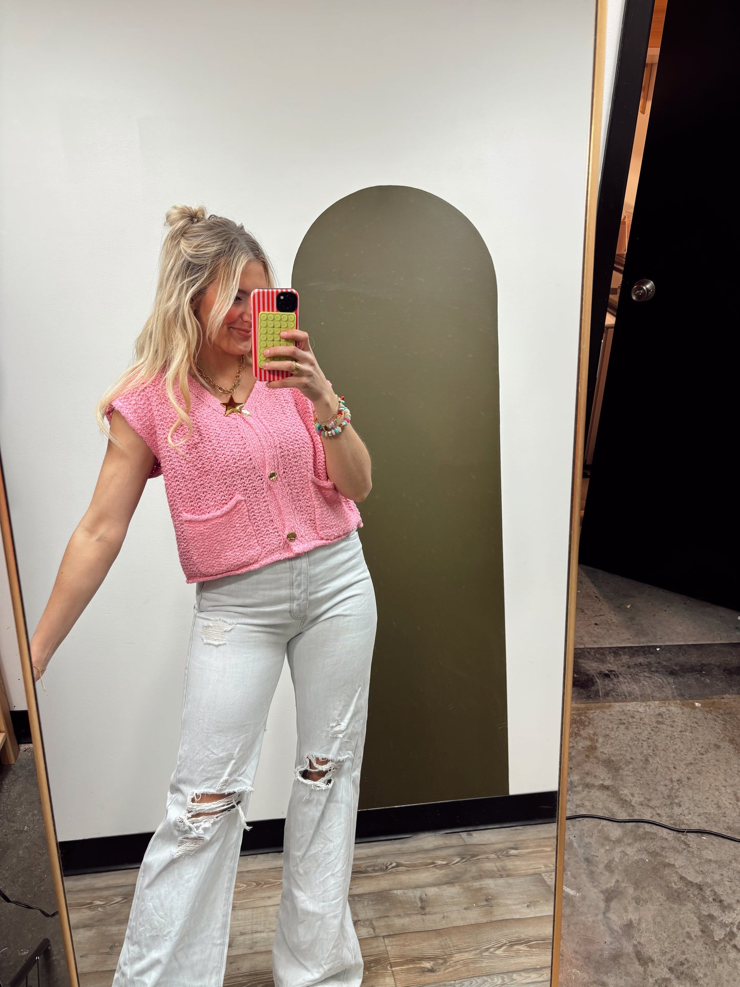 Rhea Slvless Button Sweater (Pink)