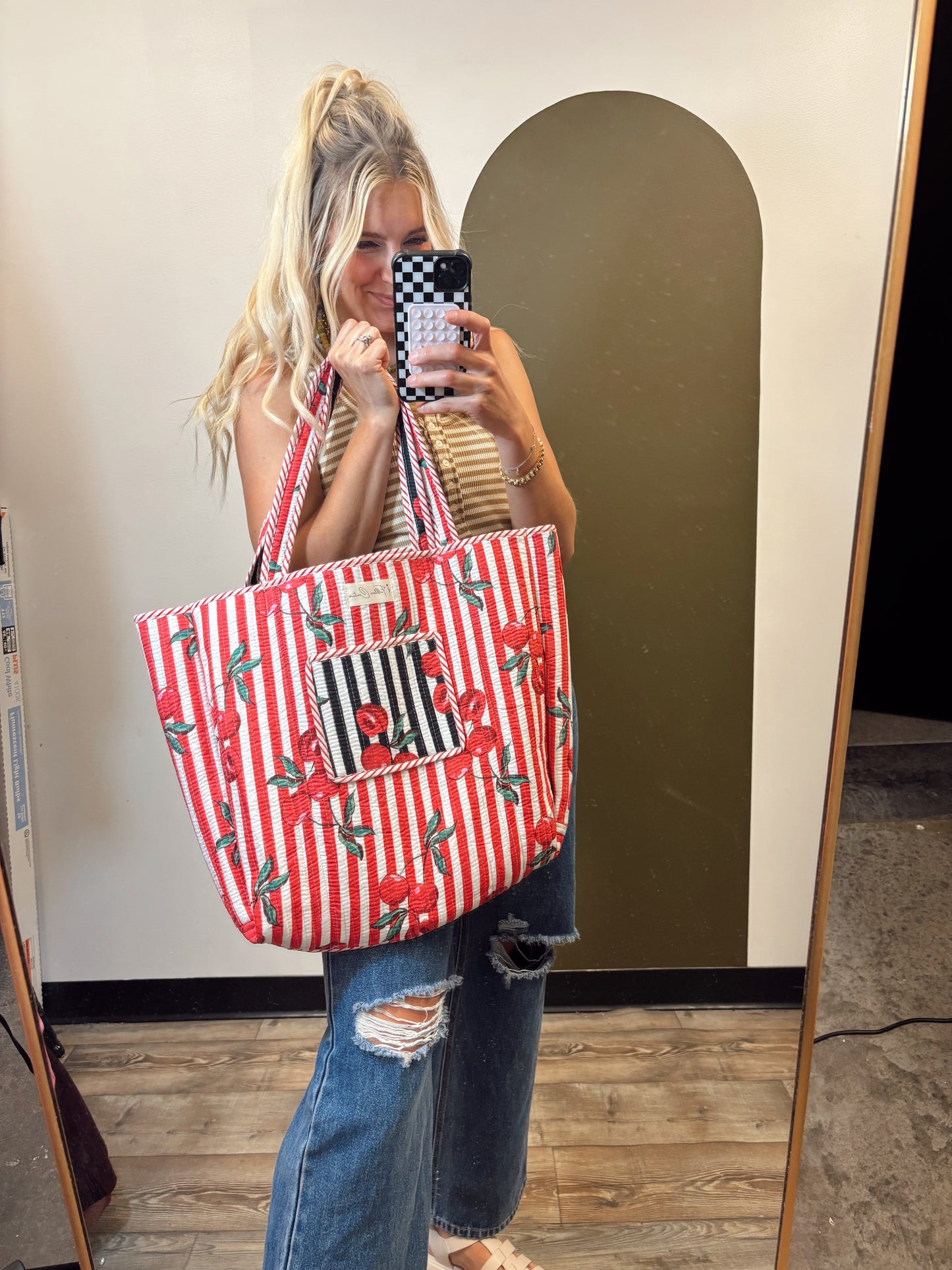 Cherry Tree Quilt Tote (Black Stripe)