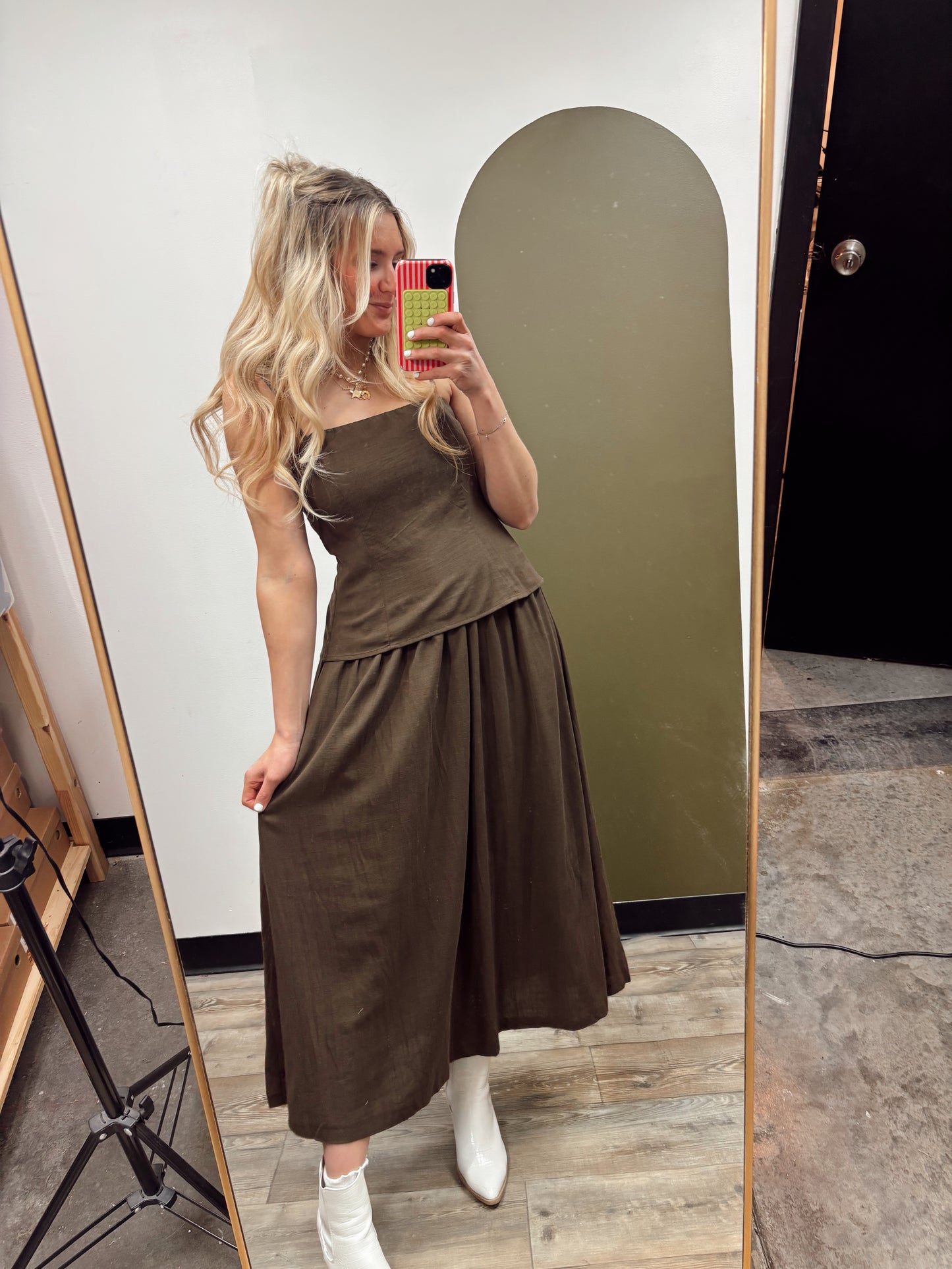 Cami Twofer Midi Dress (Brown)