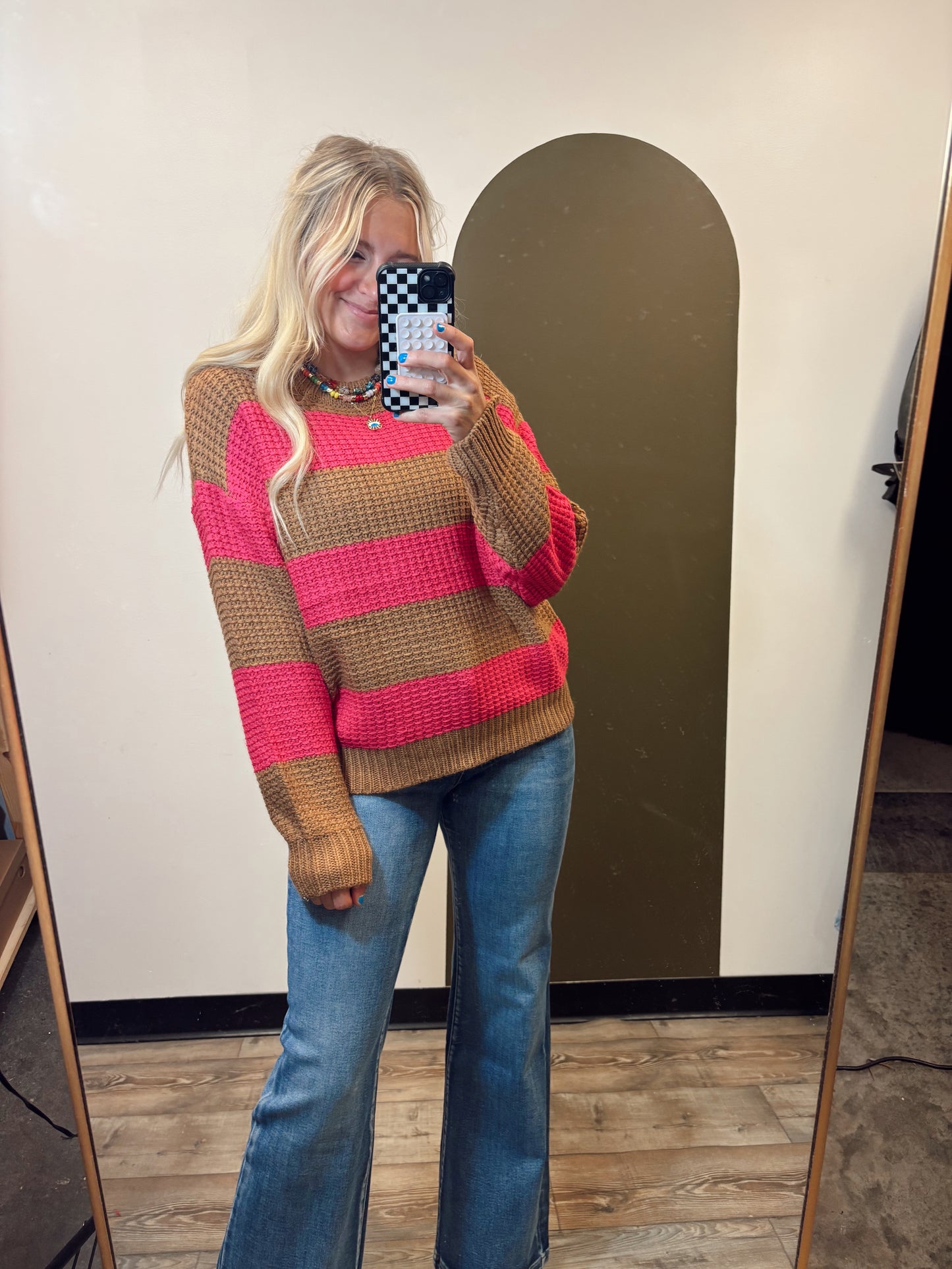 Franceen Stripe Sweater (Camel/Fuschia)