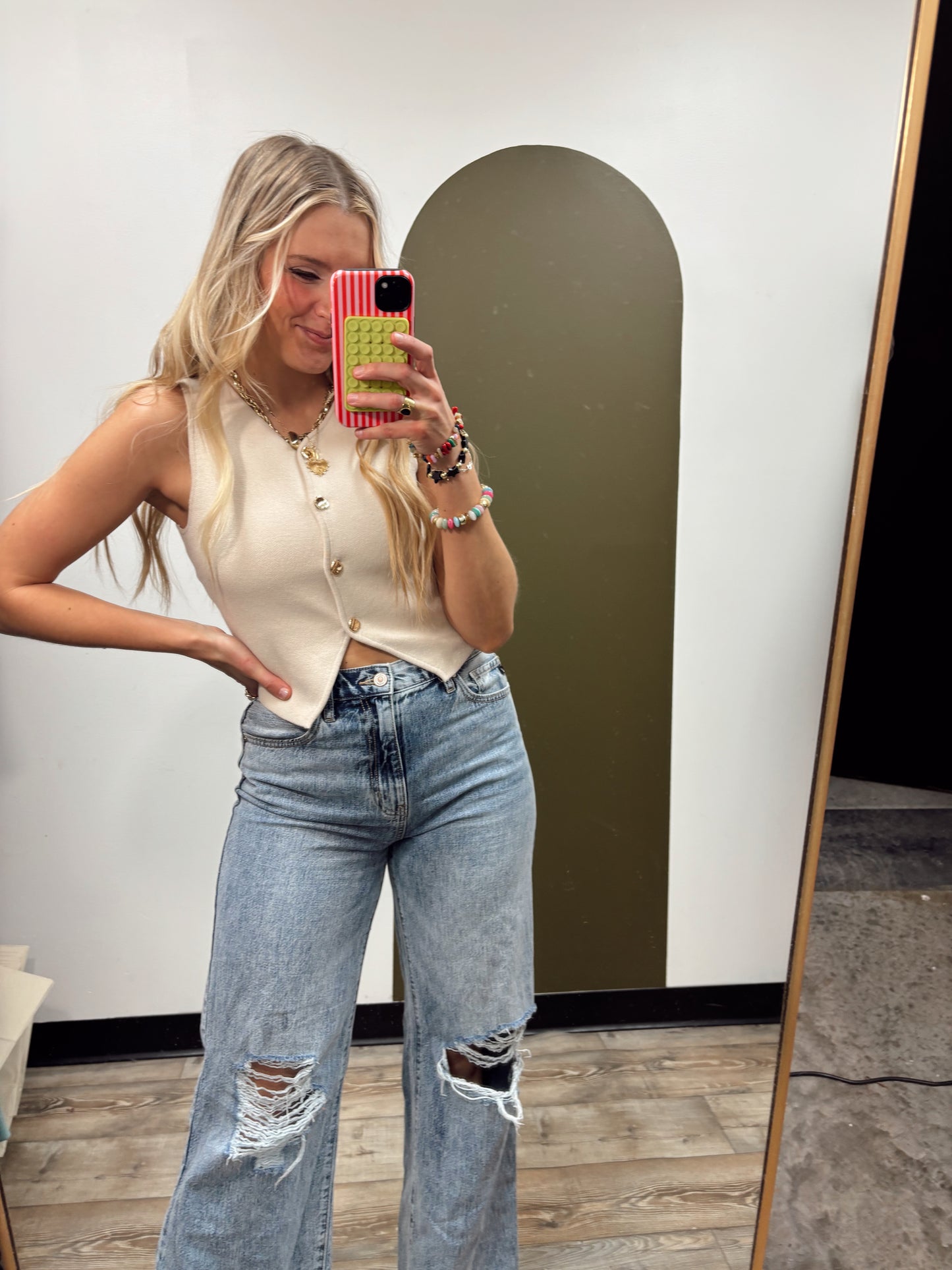 Kerri Button Knit Vest (Khaki)