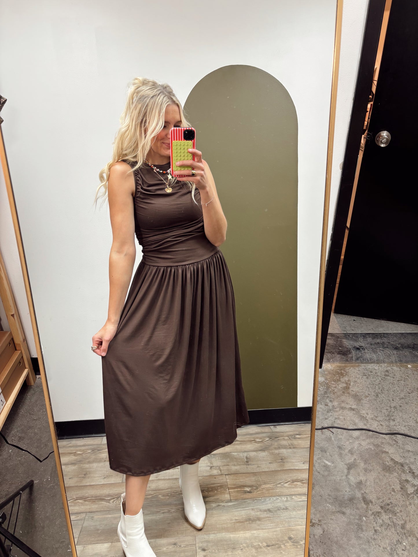 Isabella Shirred Maxi Dress (Brown)