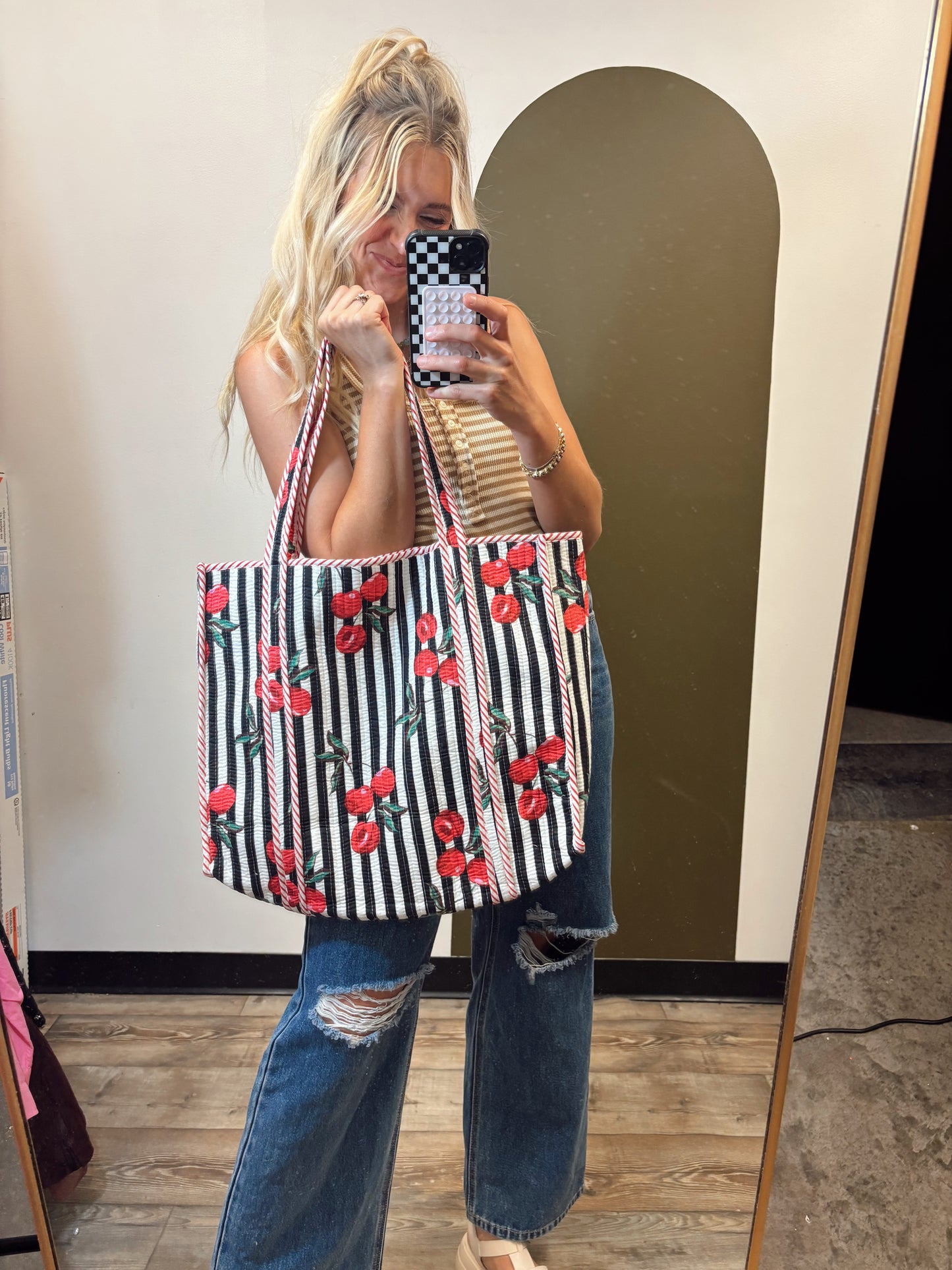 Cherry Tree Quilt Tote (Black Stripe)