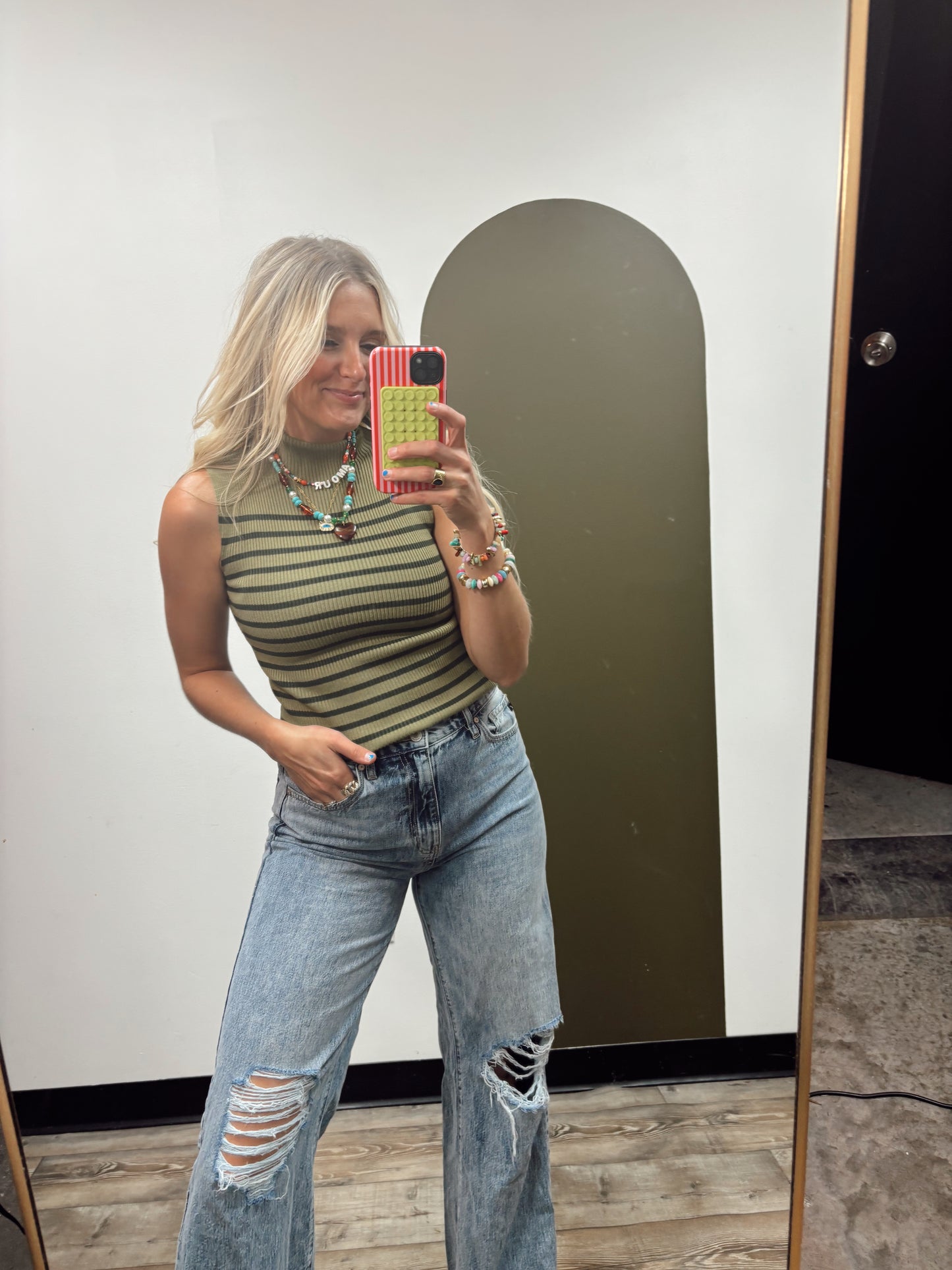 Dorothy Mock Neck Stripe Top (Olive)