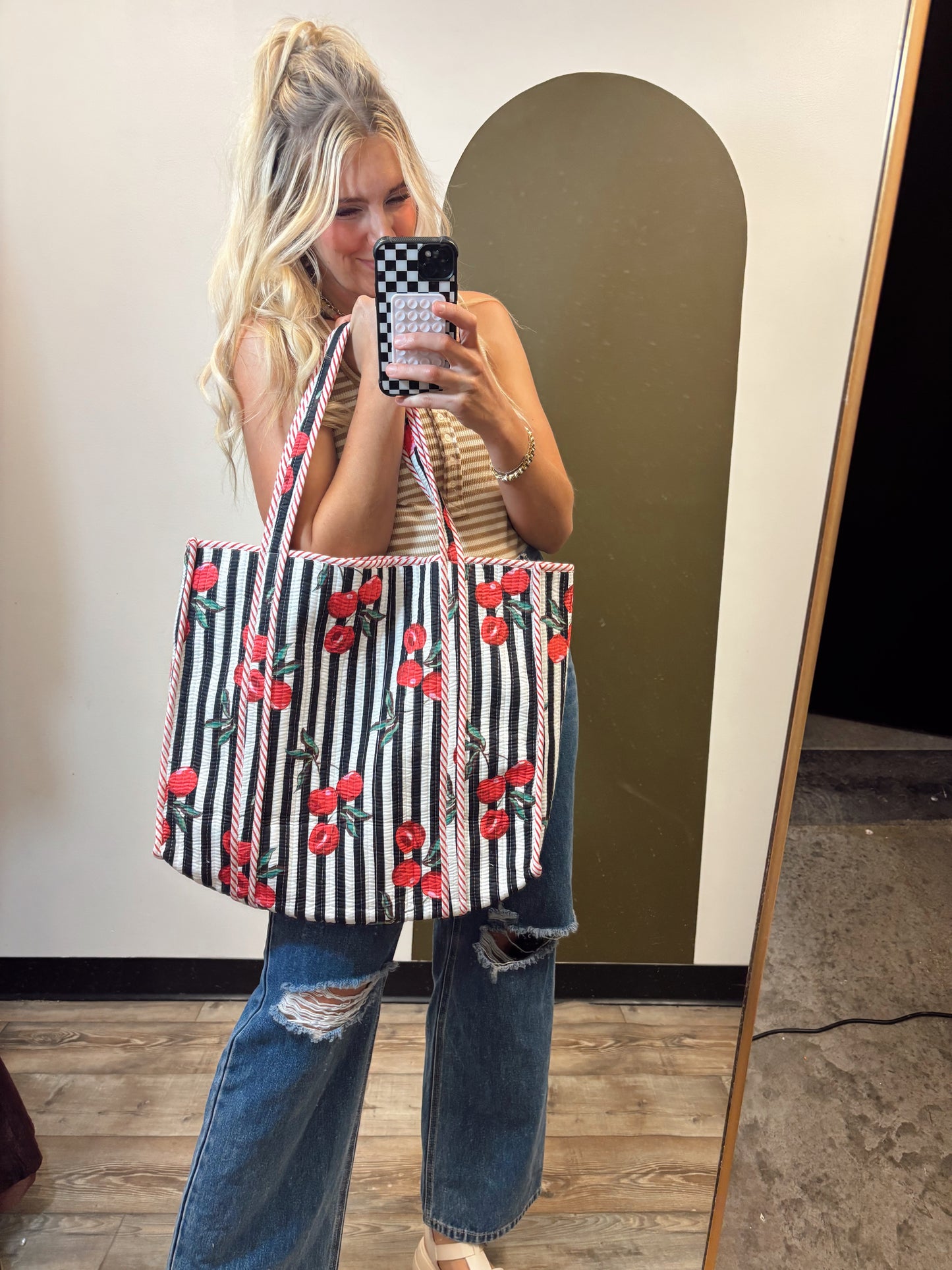 Cherry Tree Quilt Tote (Black Stripe)