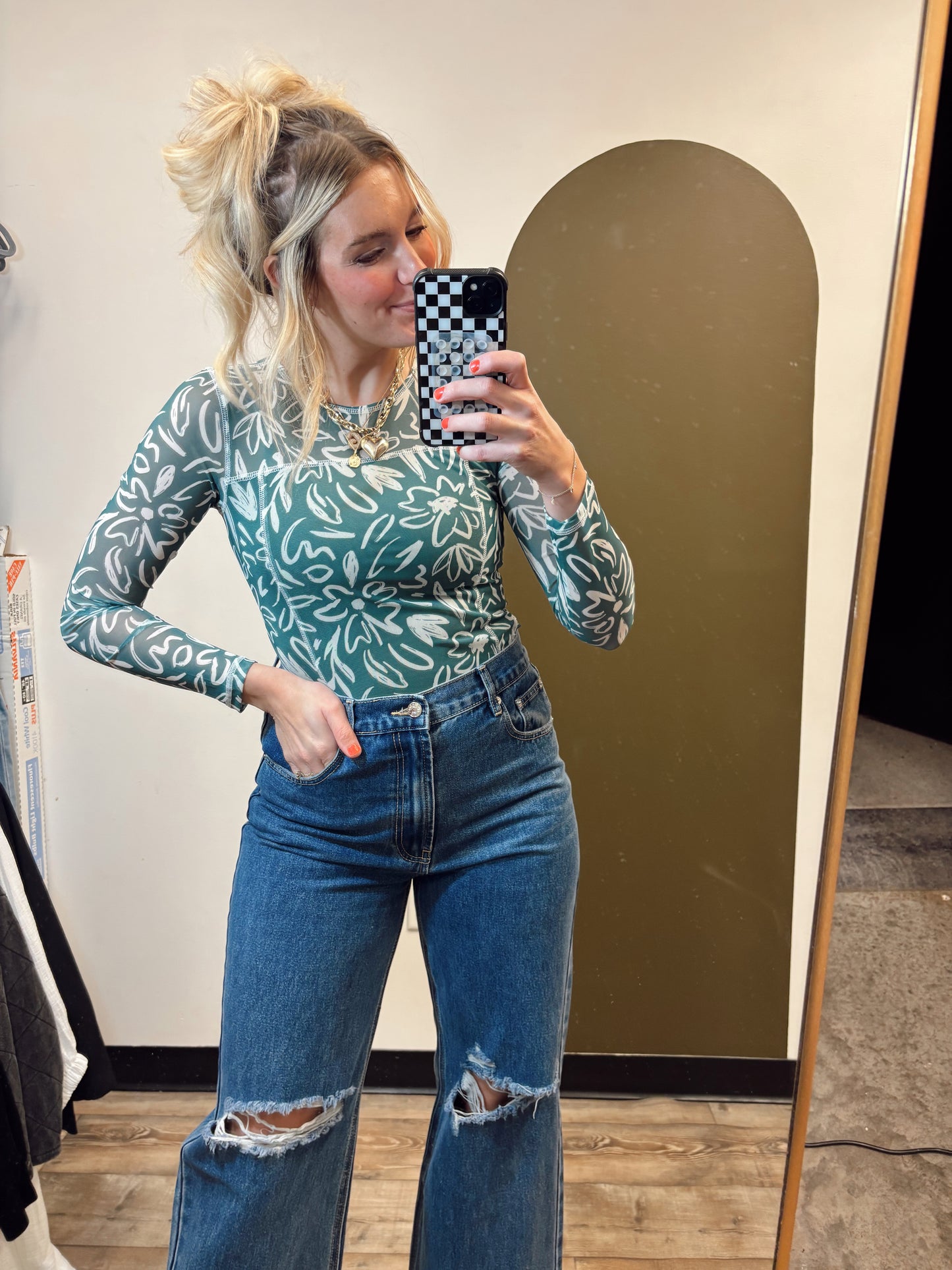 Abstract Floral Sheer Top (Green)