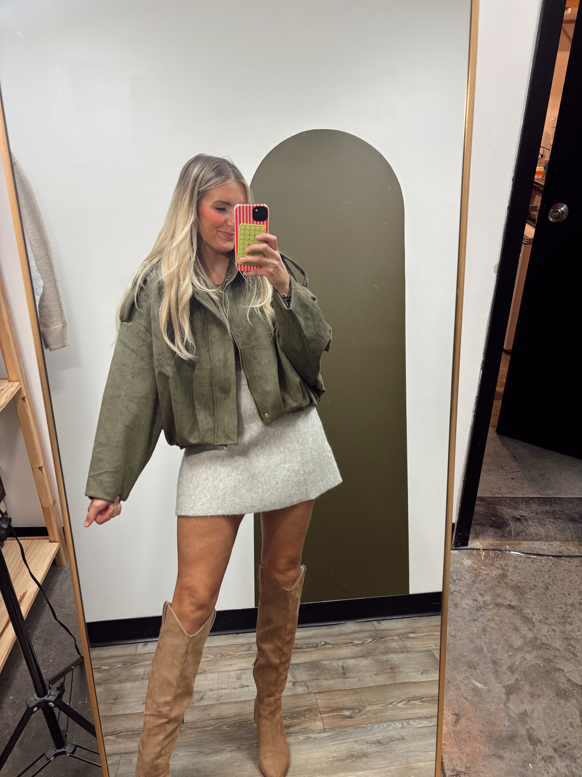 Kira Suede Bomber Jacket (Olive)