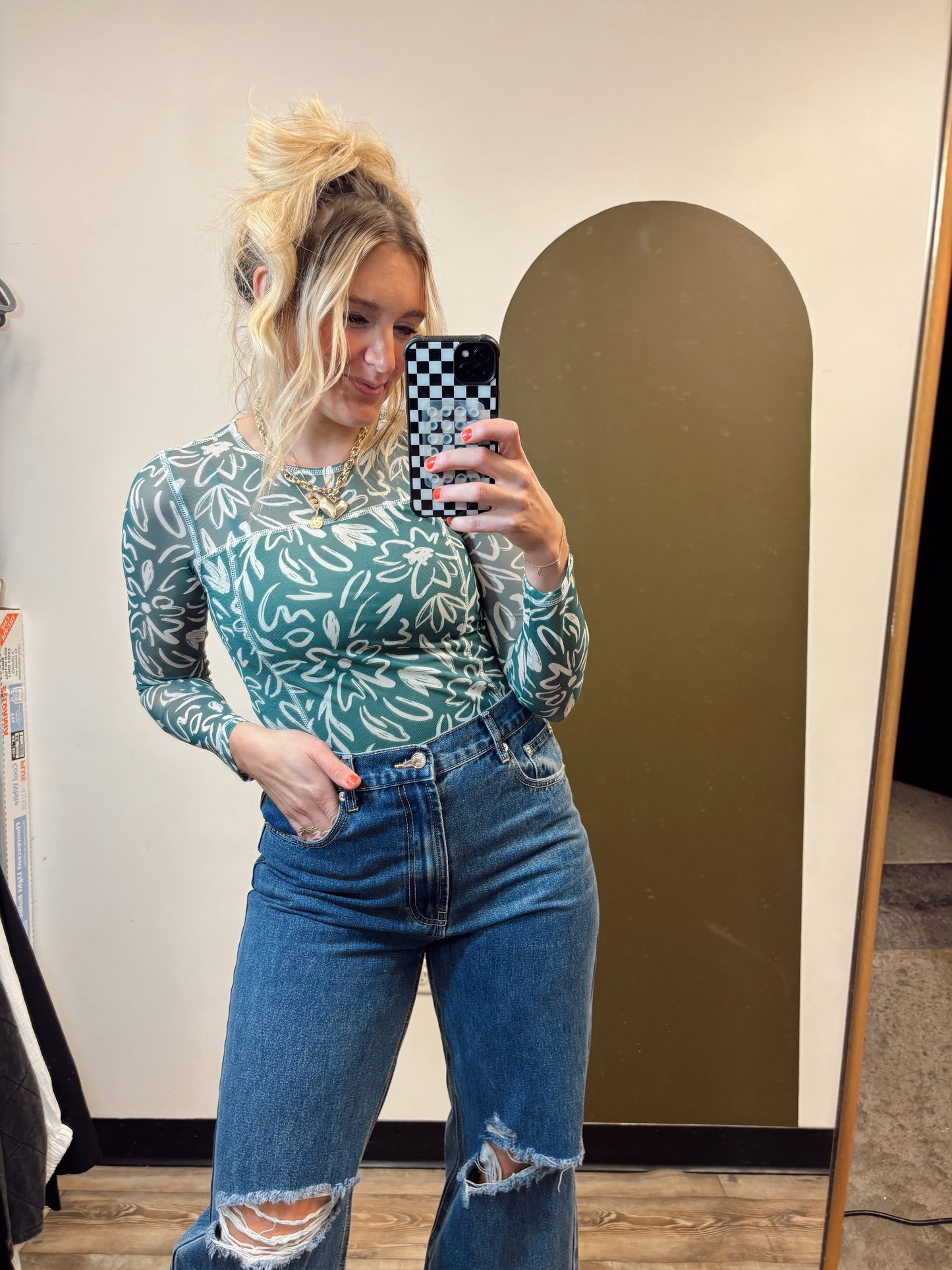 Abstract Floral Sheer Top (Green)