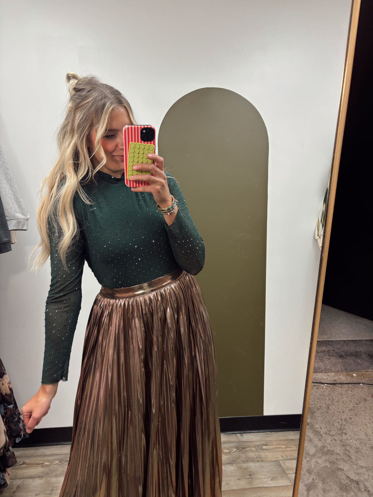 Mila Embellished Mock Neck Top (Forest)