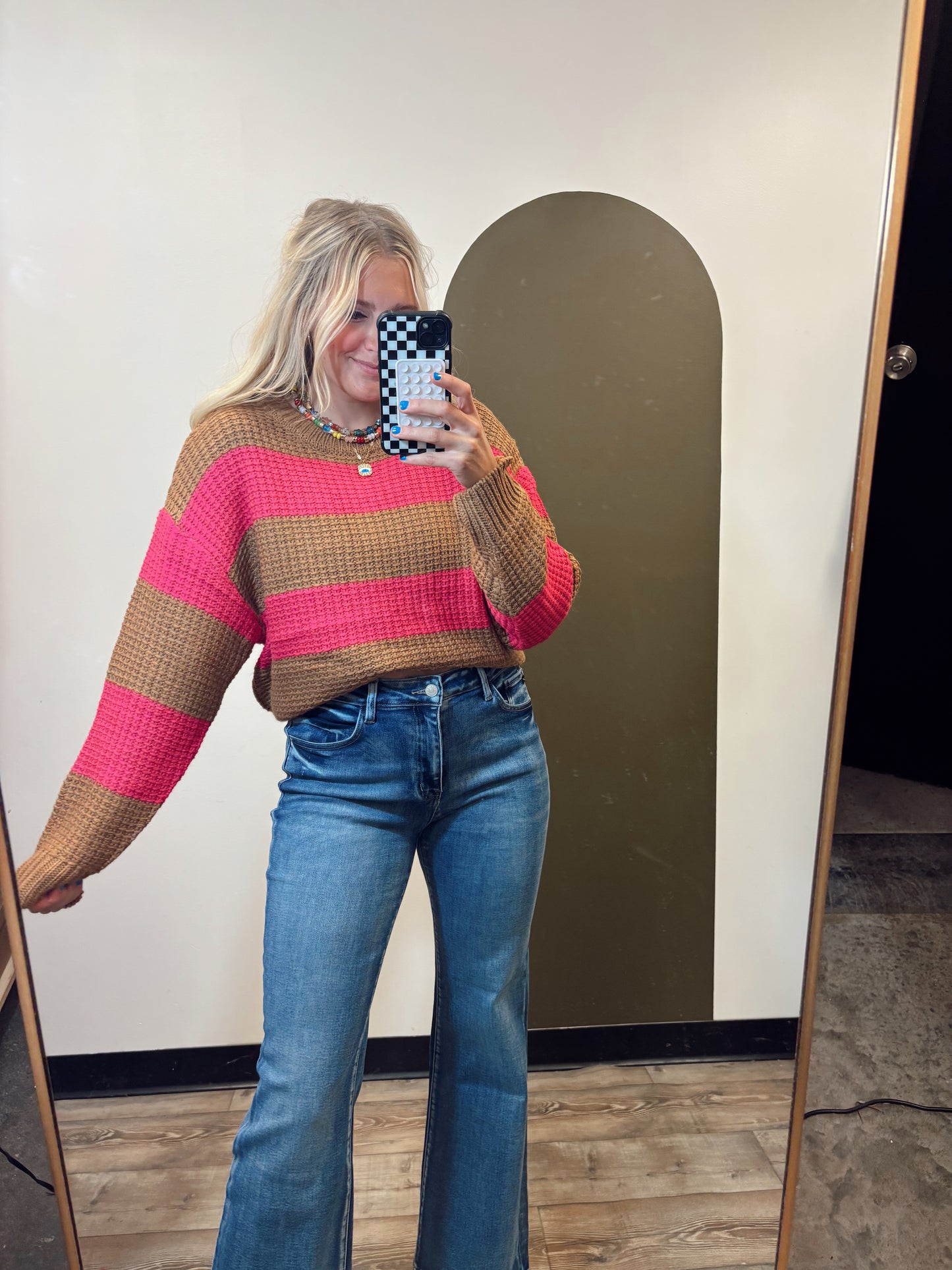 Franceen Stripe Sweater (Camel/Fuschia)