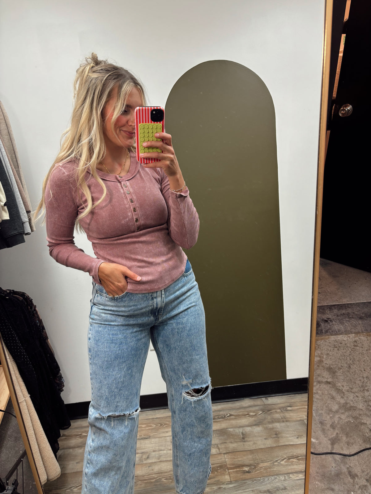 Washed Henley Button Top (Maroon)