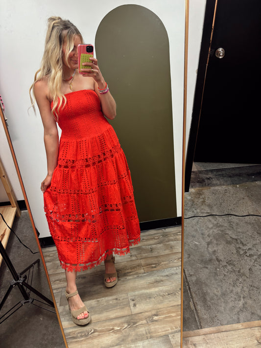 Vineyard Eyelet Dress (Red)
