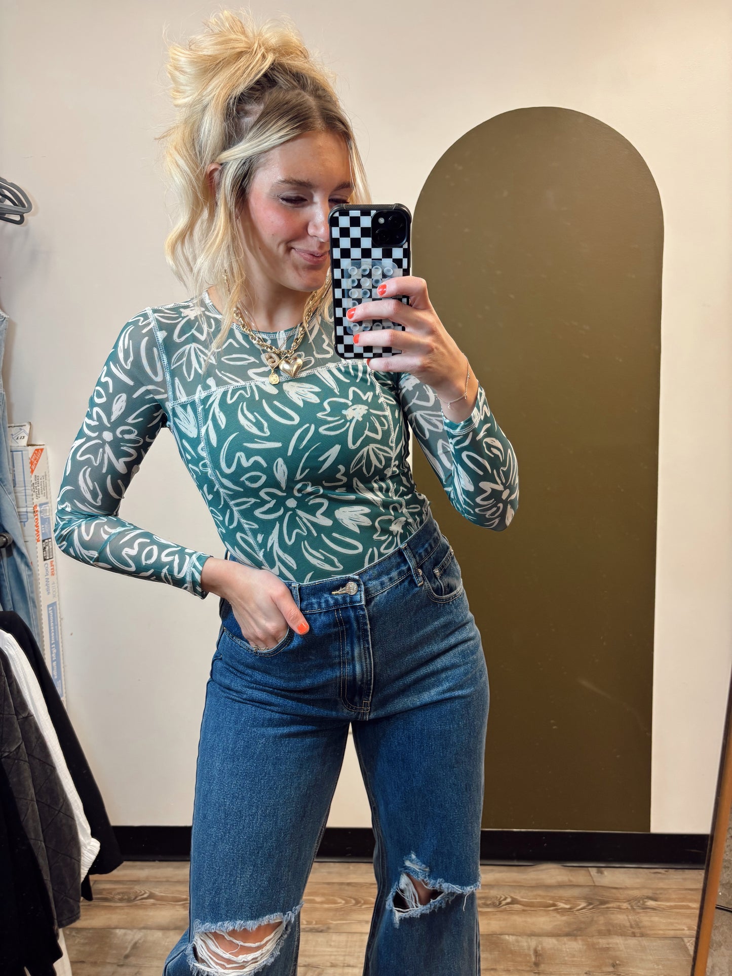 Abstract Floral Sheer Top (Green)