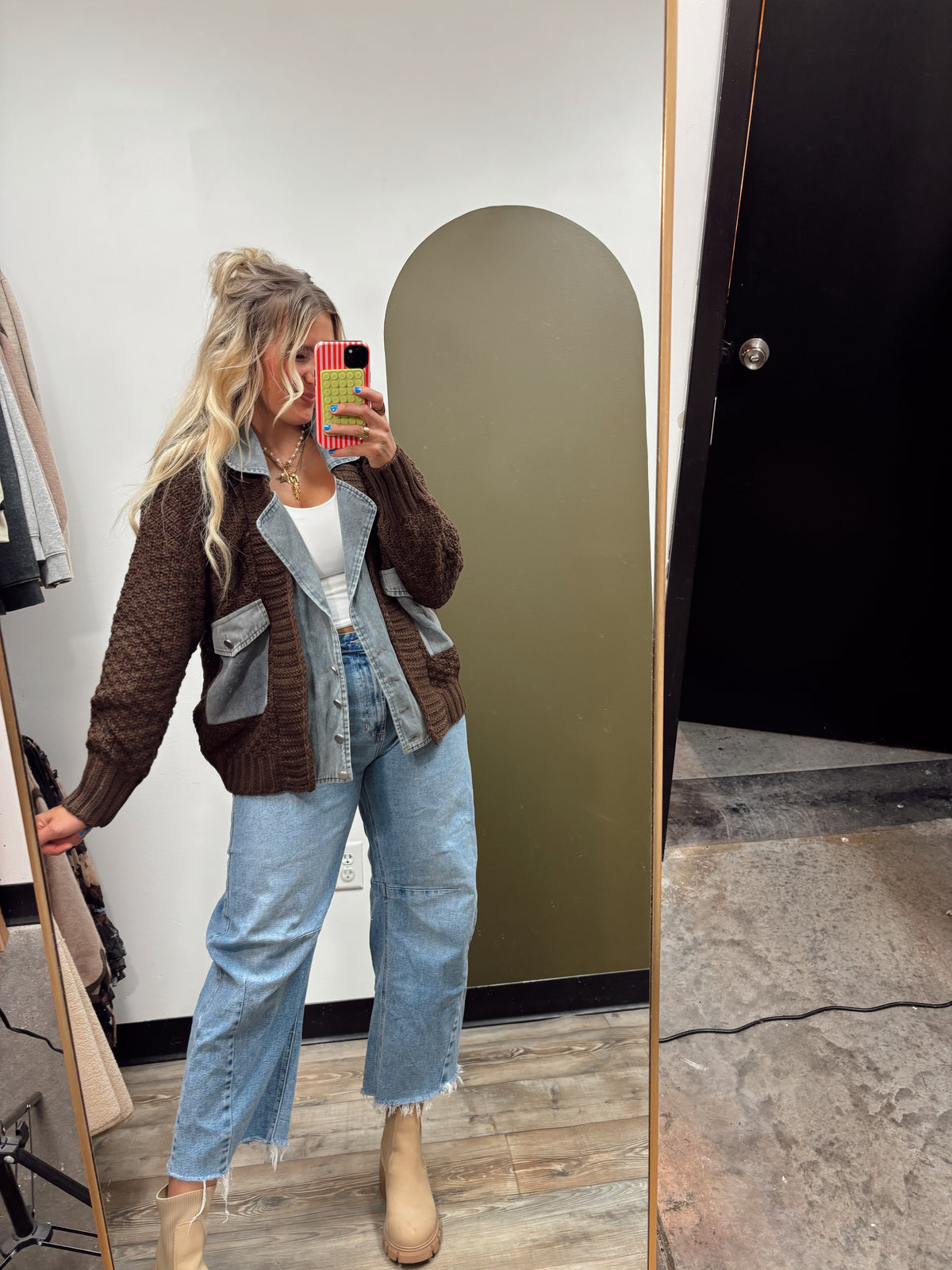 Mix Media Cable Knit Jacket (Brown)