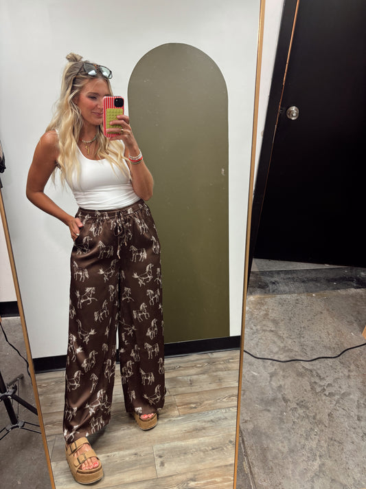 Horse Print Satin Pant (Chocolate)