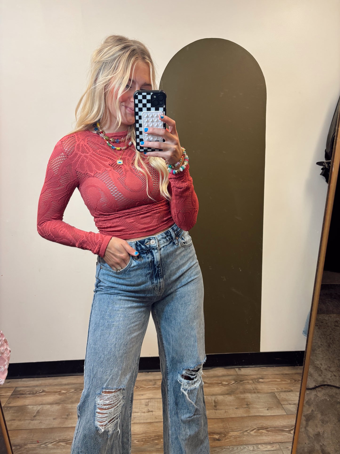Jaquard Fishnet Top (Crimson)