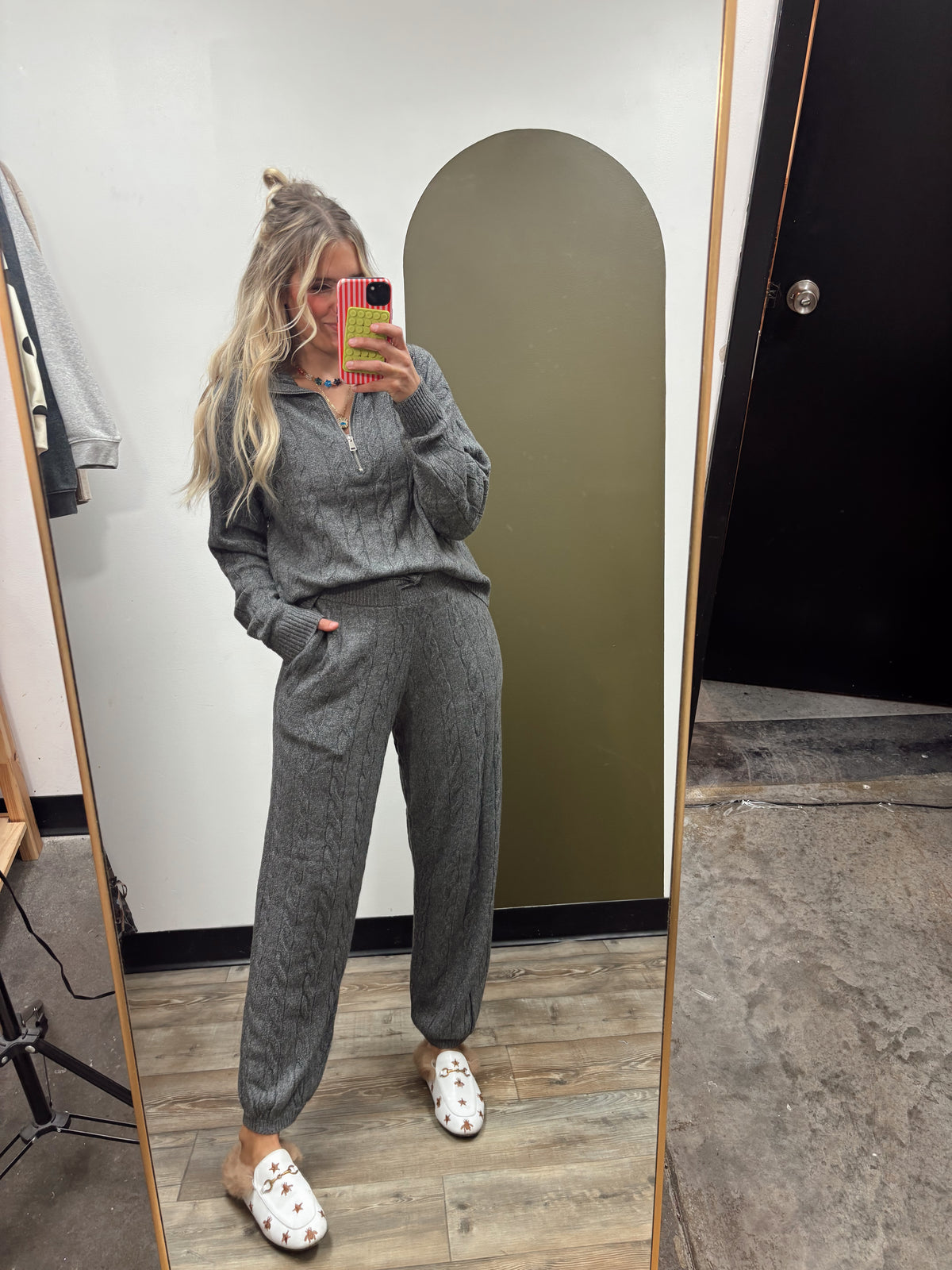 Fallon Cable Knit Zip Sweater (Charcoal)