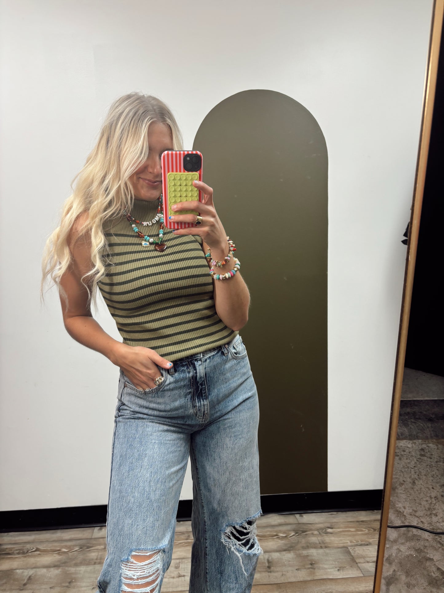Dorothy Mock Neck Stripe Top (Olive)