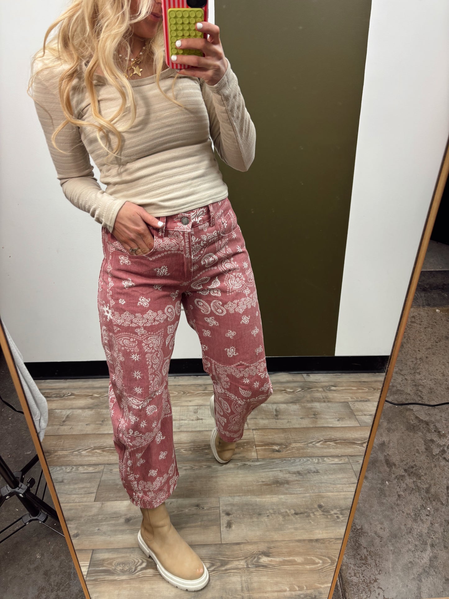 Printed Paisley Denim Pant (Pink)