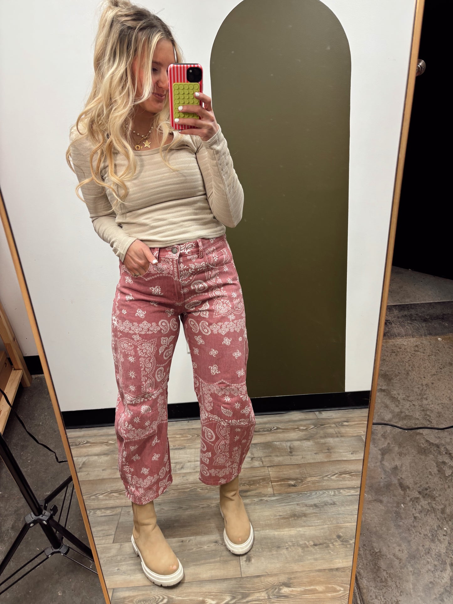 Printed Paisley Denim Pant (Pink)