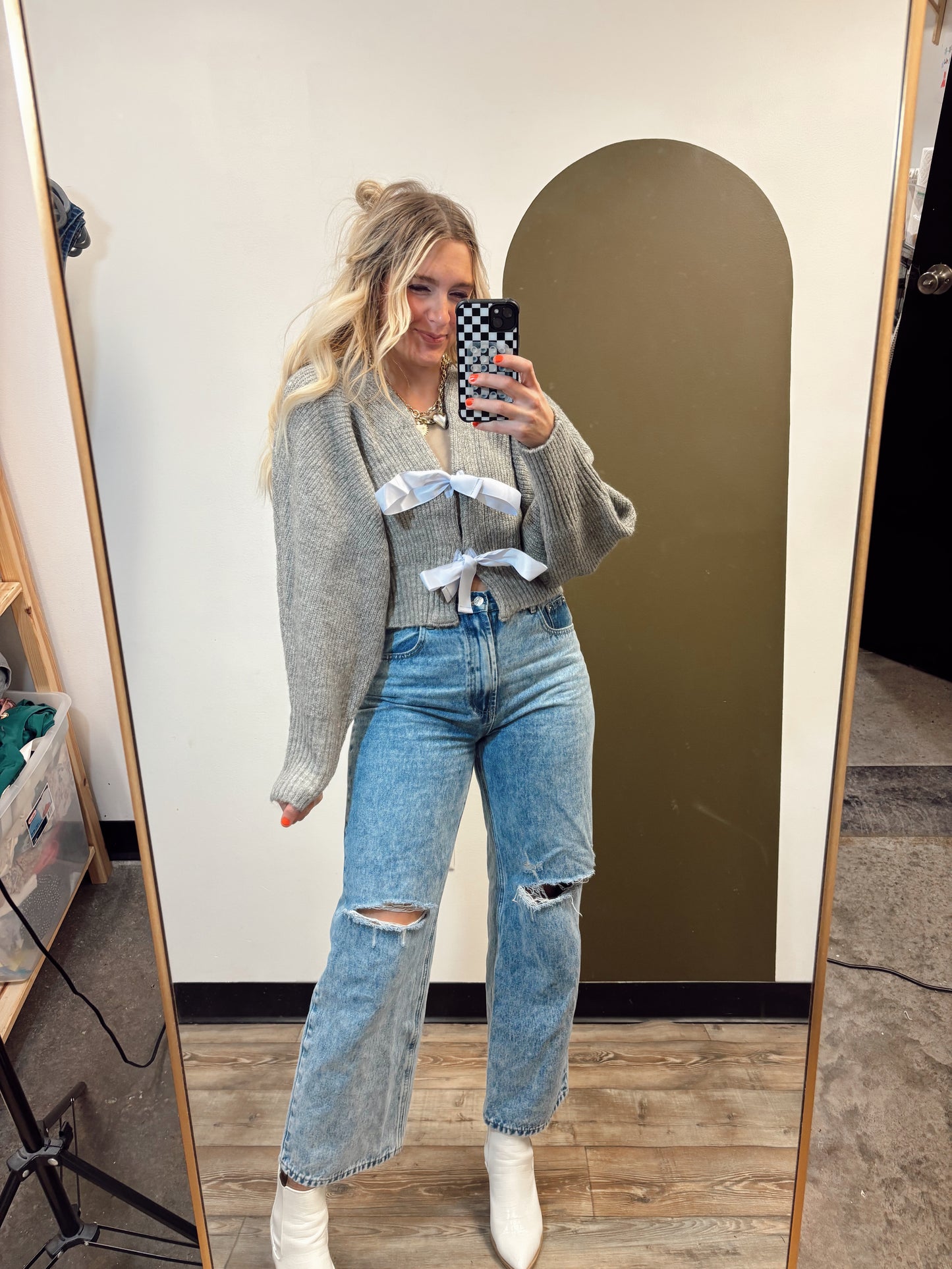 Angelina Bow Tie Cardigan (Grey)