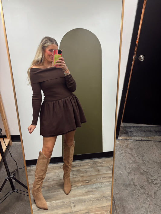 Stephany Off Shoulder Dress (Brown)