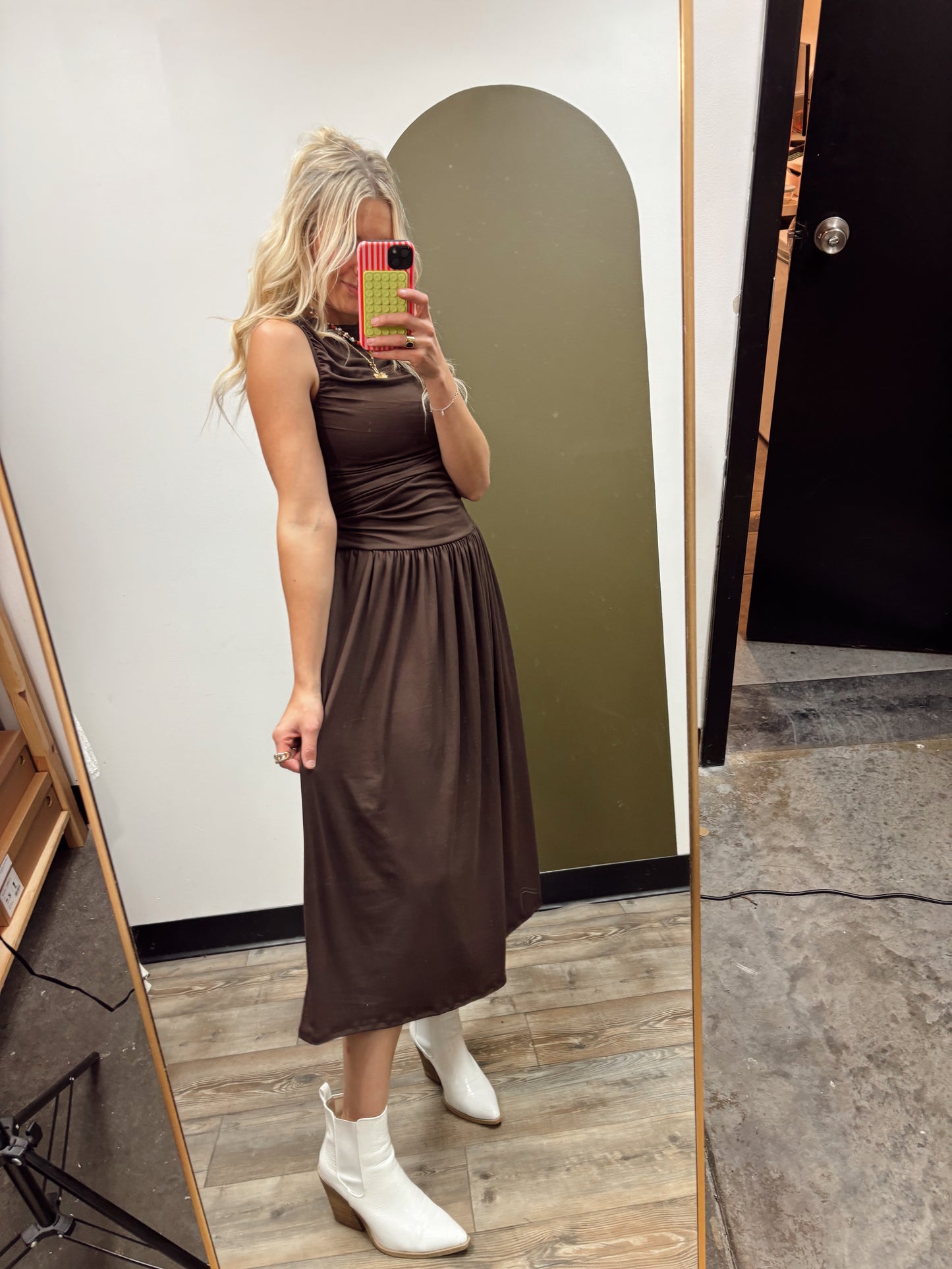 Isabella Shirred Maxi Dress (Brown)