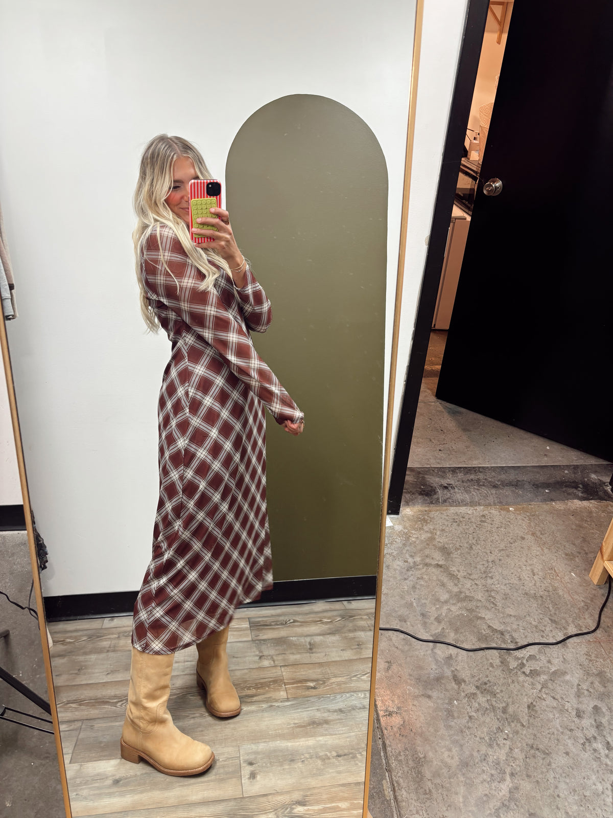 Sheer Plaid Maxi Dress (Rust)