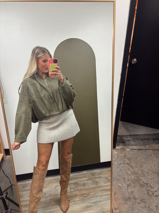 Kira Suede Bomber Jacket (Olive)