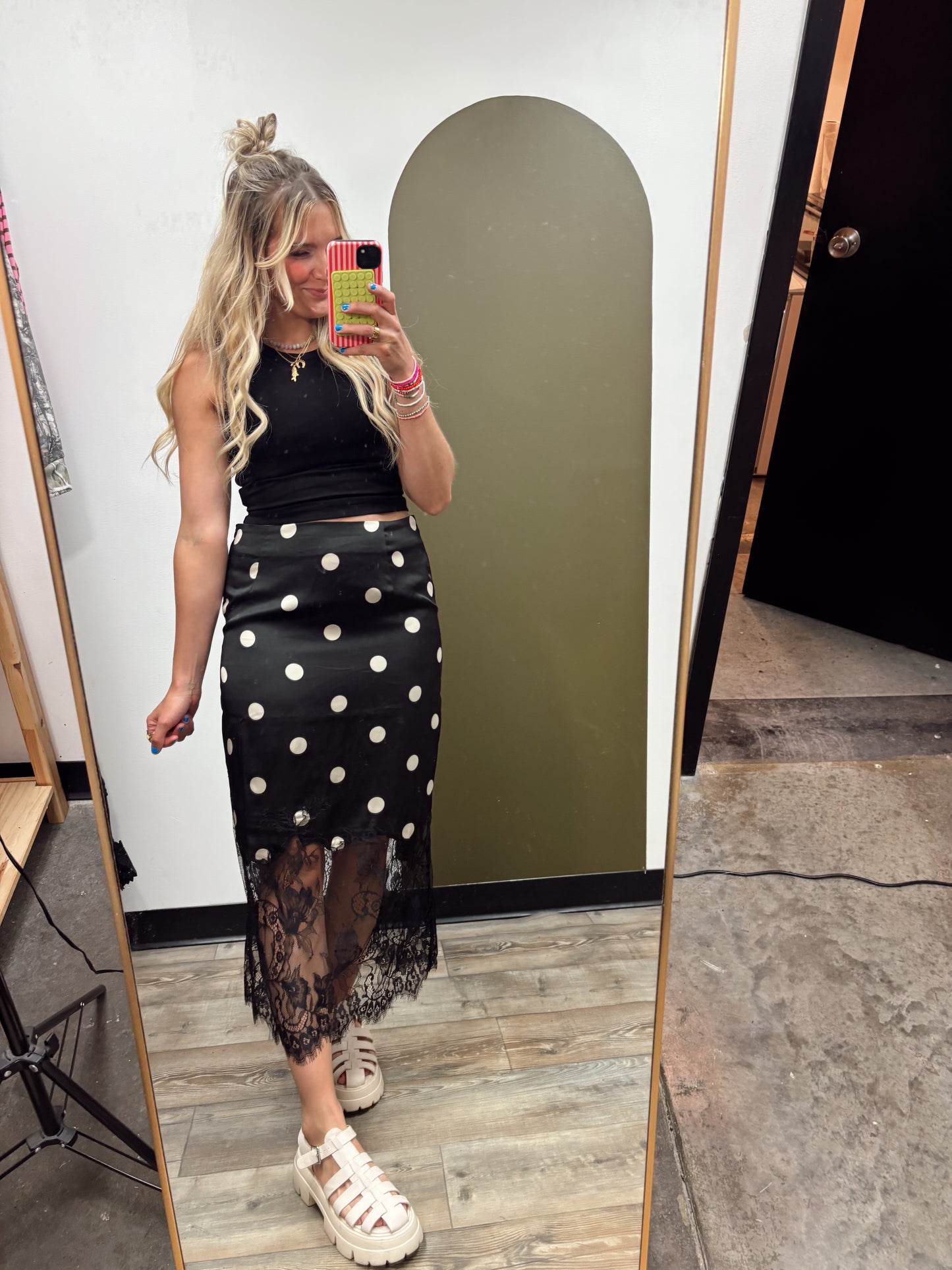 Lace Trim Polka Midi Skirt