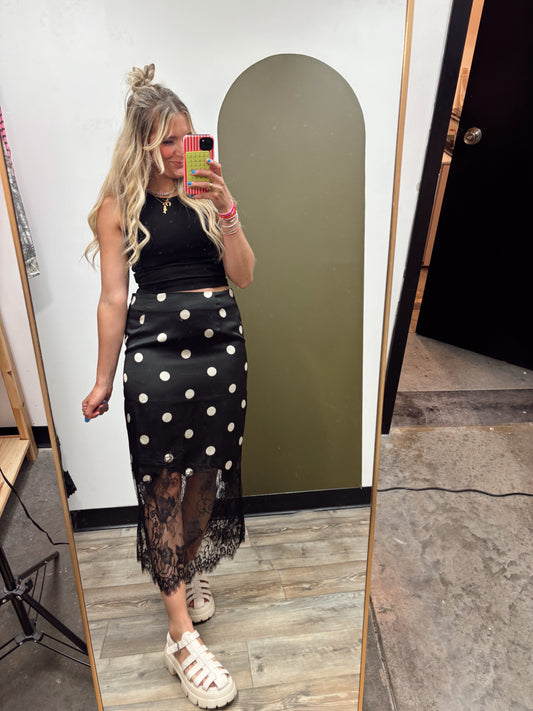 Lace Trim Polka Midi Skirt