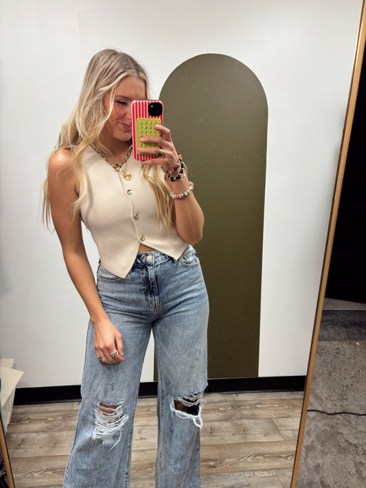 Kerri Button Knit Vest (Khaki)