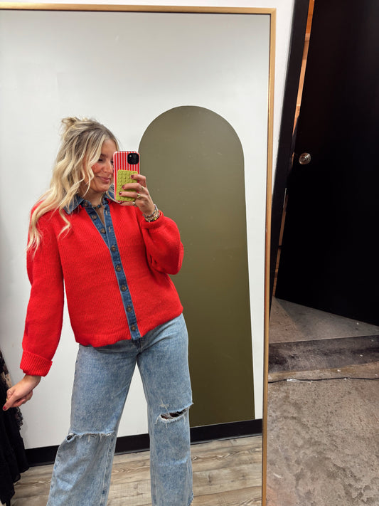 Victory Monday Denim Detail Sweater (Red)