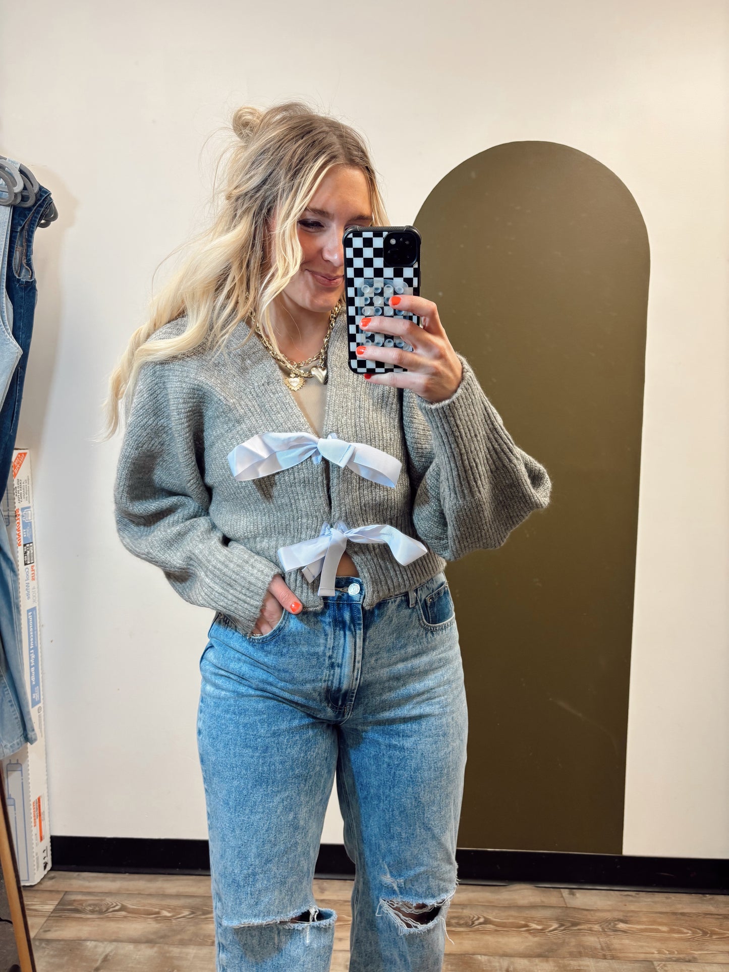 Angelina Bow Tie Cardigan (Grey)