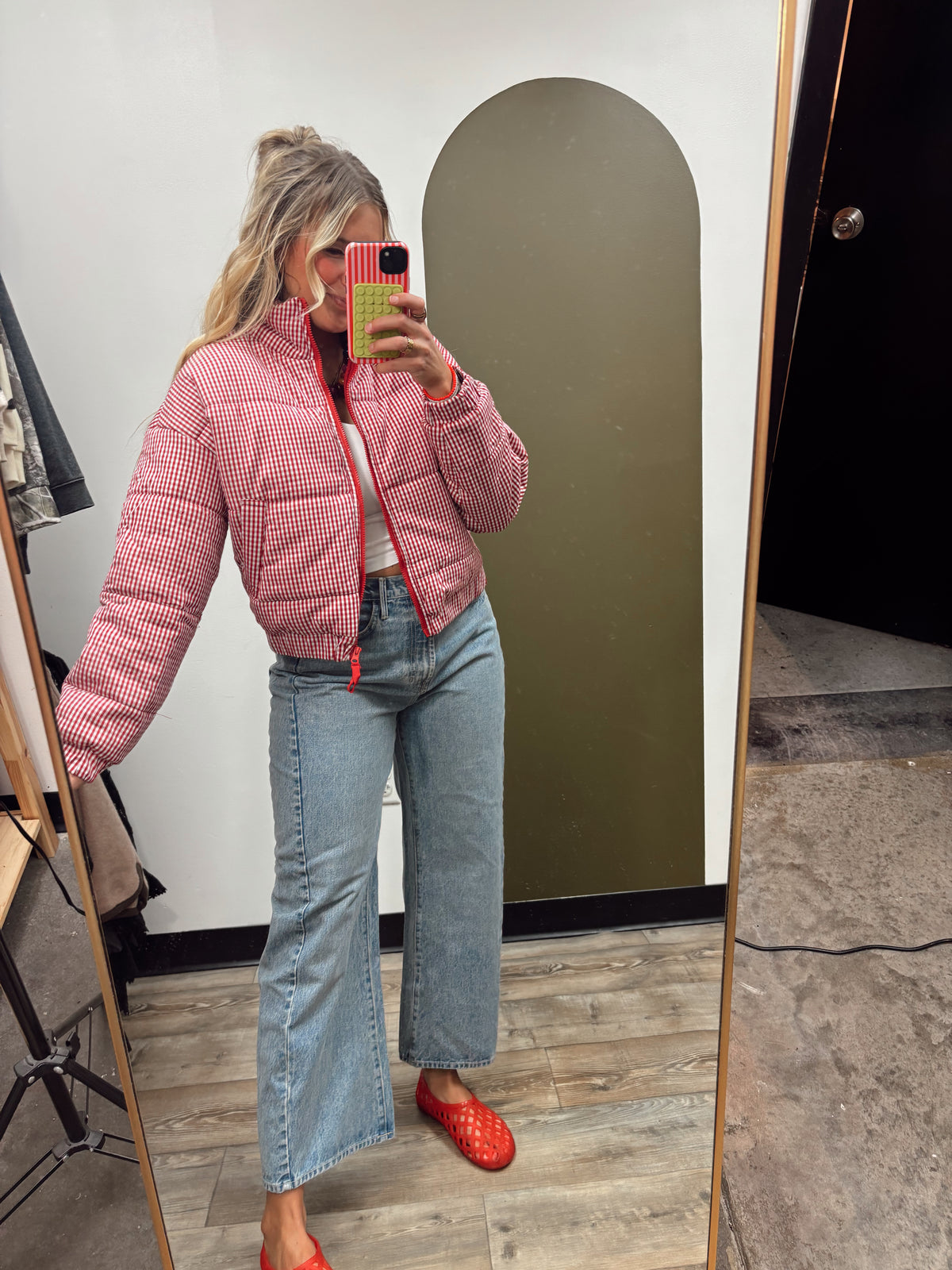 Gingham Puffer Jacket (Red)