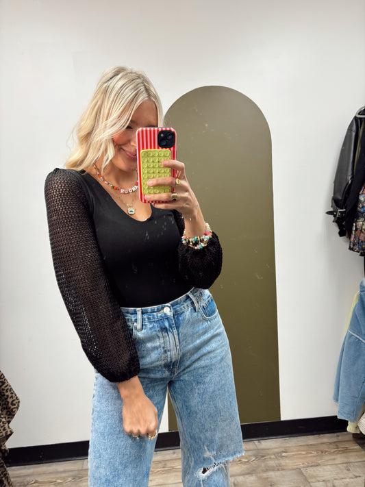 Shiloh Sheer Sleeve Bodysuit (Black)