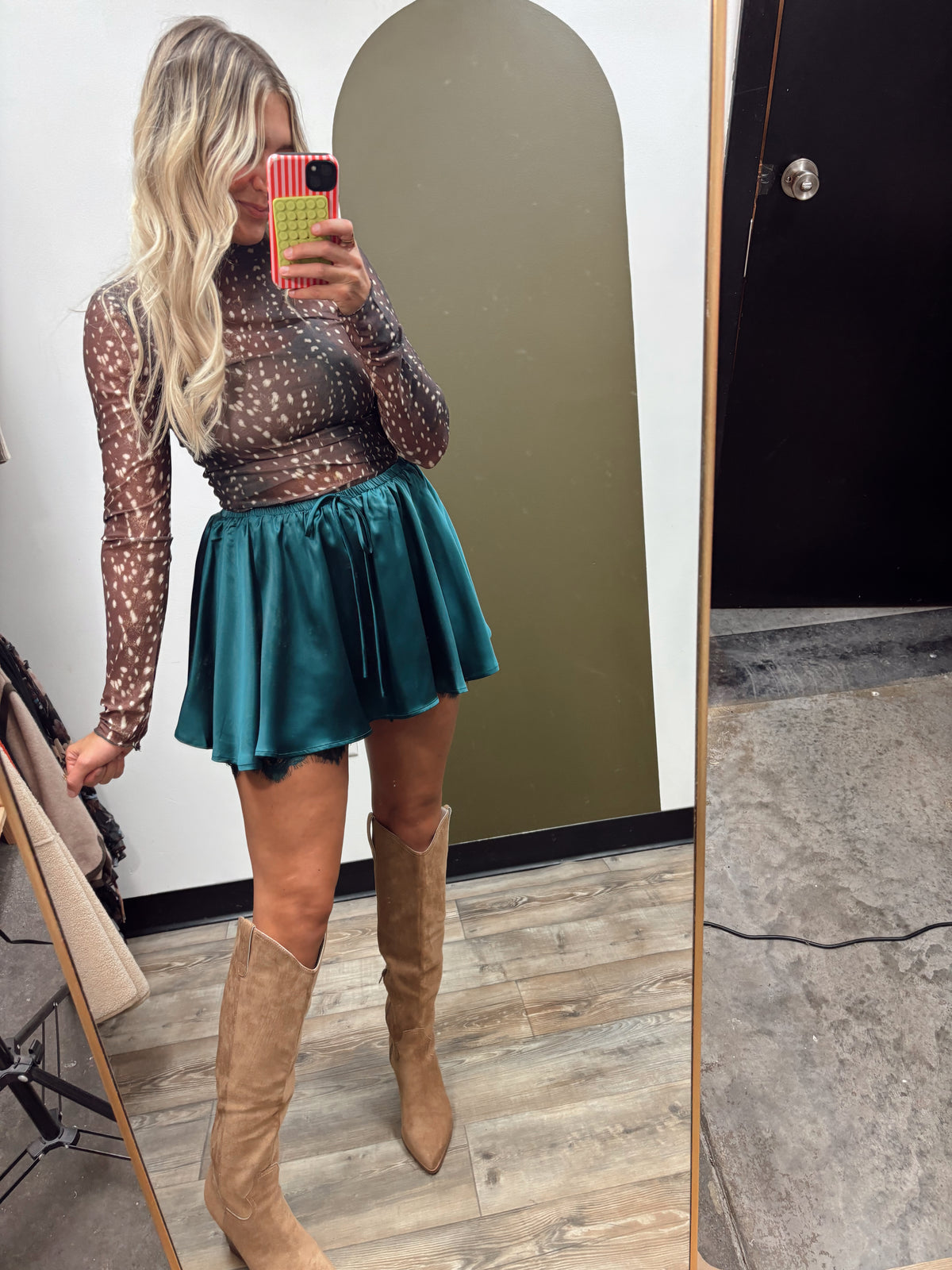 Fall Whimsy Lace Satin Skort (Pine Green)