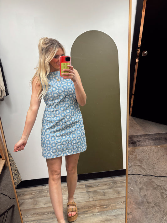 Eyelet Emb Mini Dress (Blue)