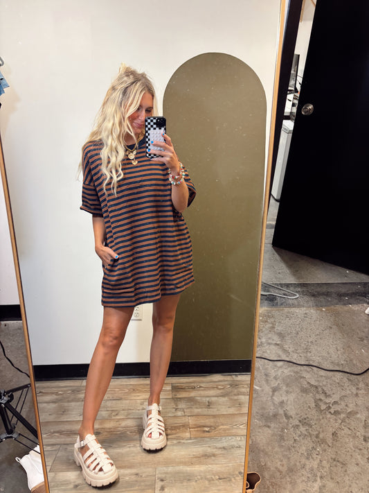 Cynthia Stripe Shirt Dress (Brown)
