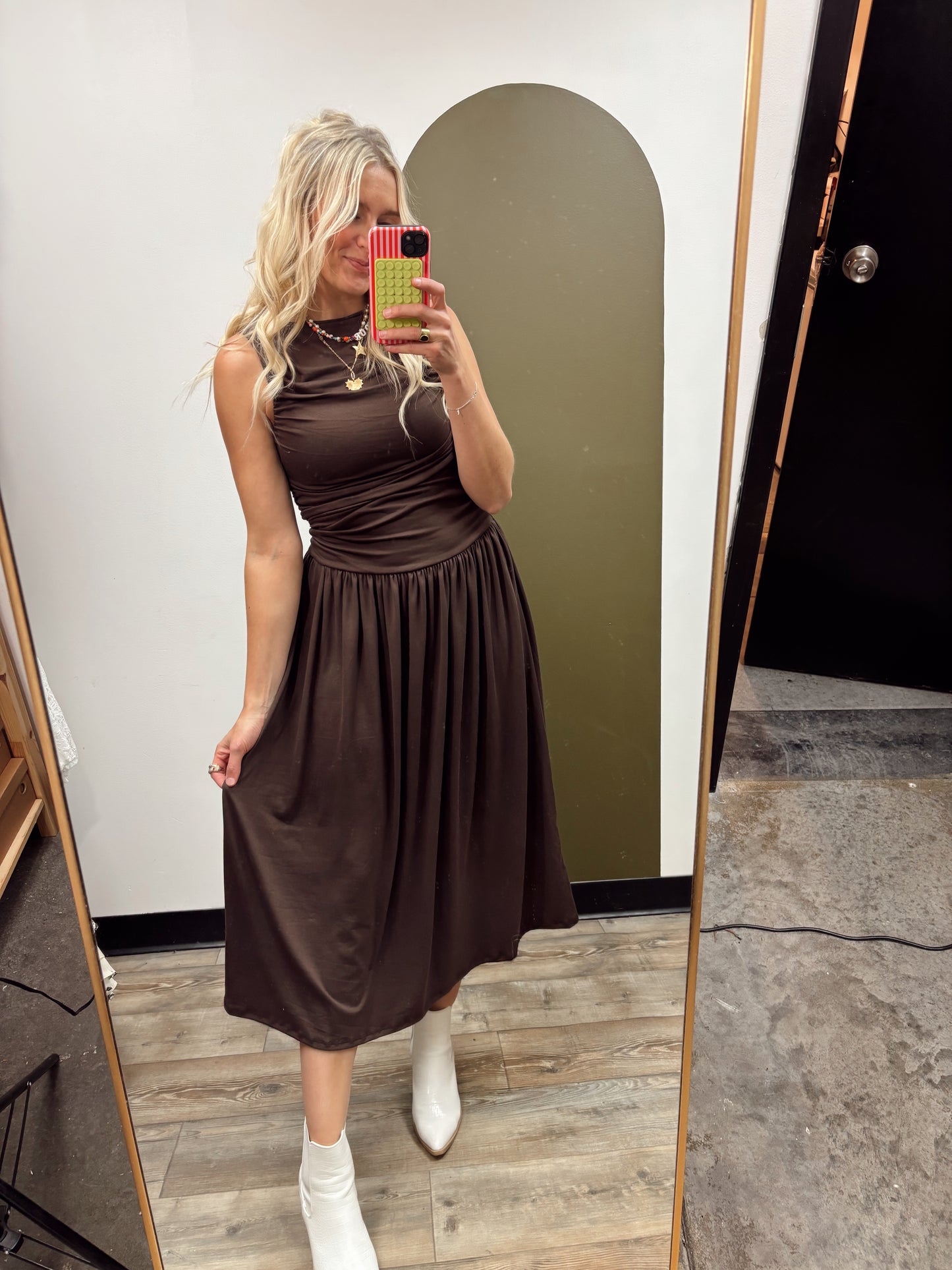 Isabella Shirred Maxi Dress (Brown)