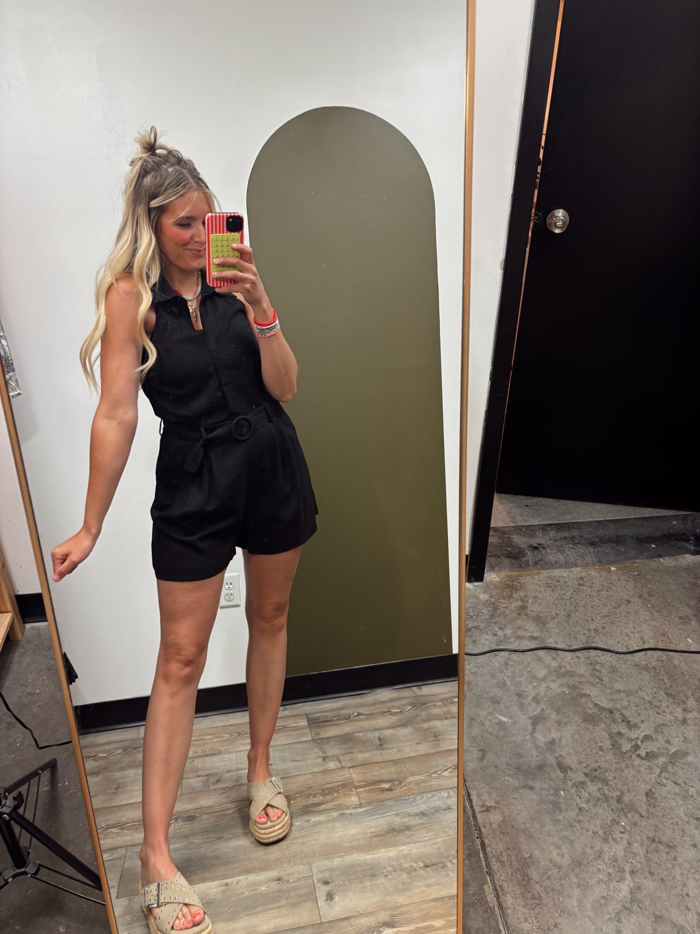 Belted Linen Halter Romper (Black)